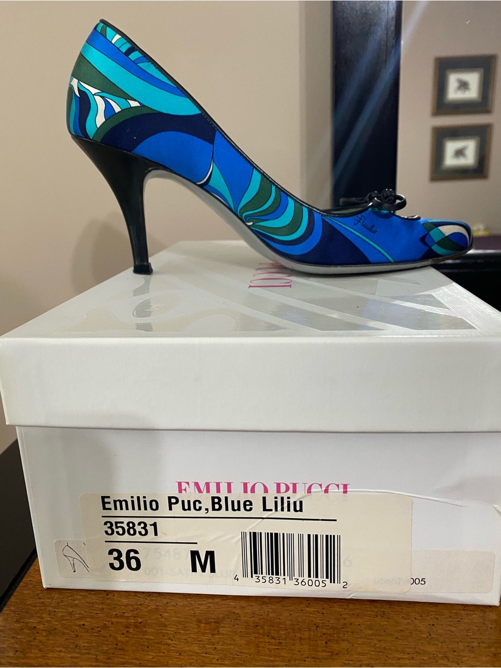 Emilio Pucci Teal and Blue Patterned Mid Heel Pump